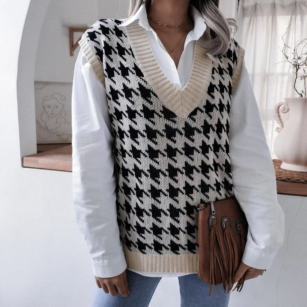 V Neck Houndstooth Casual Loose Knit Vest Sweater