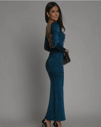 Long Dress With Square Neck Long Sleeve
