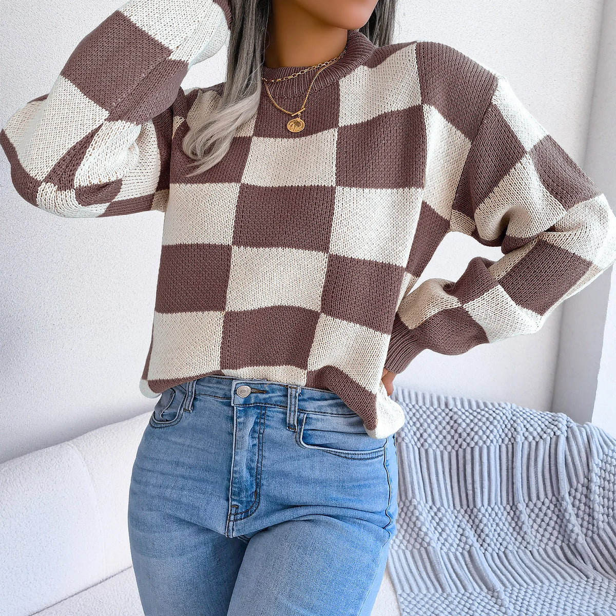Streetwear Contrasting Plaid Long Sleeved Pullover Knit Sweater