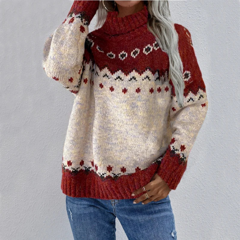High Necked Pullover Long Sleeved Sweater Jacquard Knitted Thick Sweater