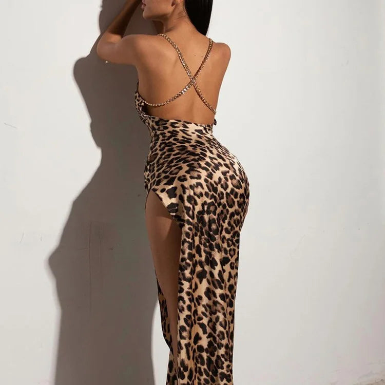 Backless Chain Suspender Irregular Side High Slit Maxi Skirt Women’s Leopard Print Large Swing Dress