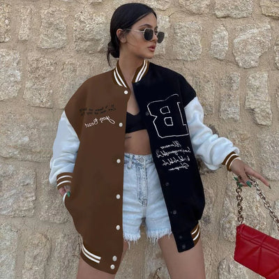 Contrast Color Baseball Jacket Cardigan Top For Women