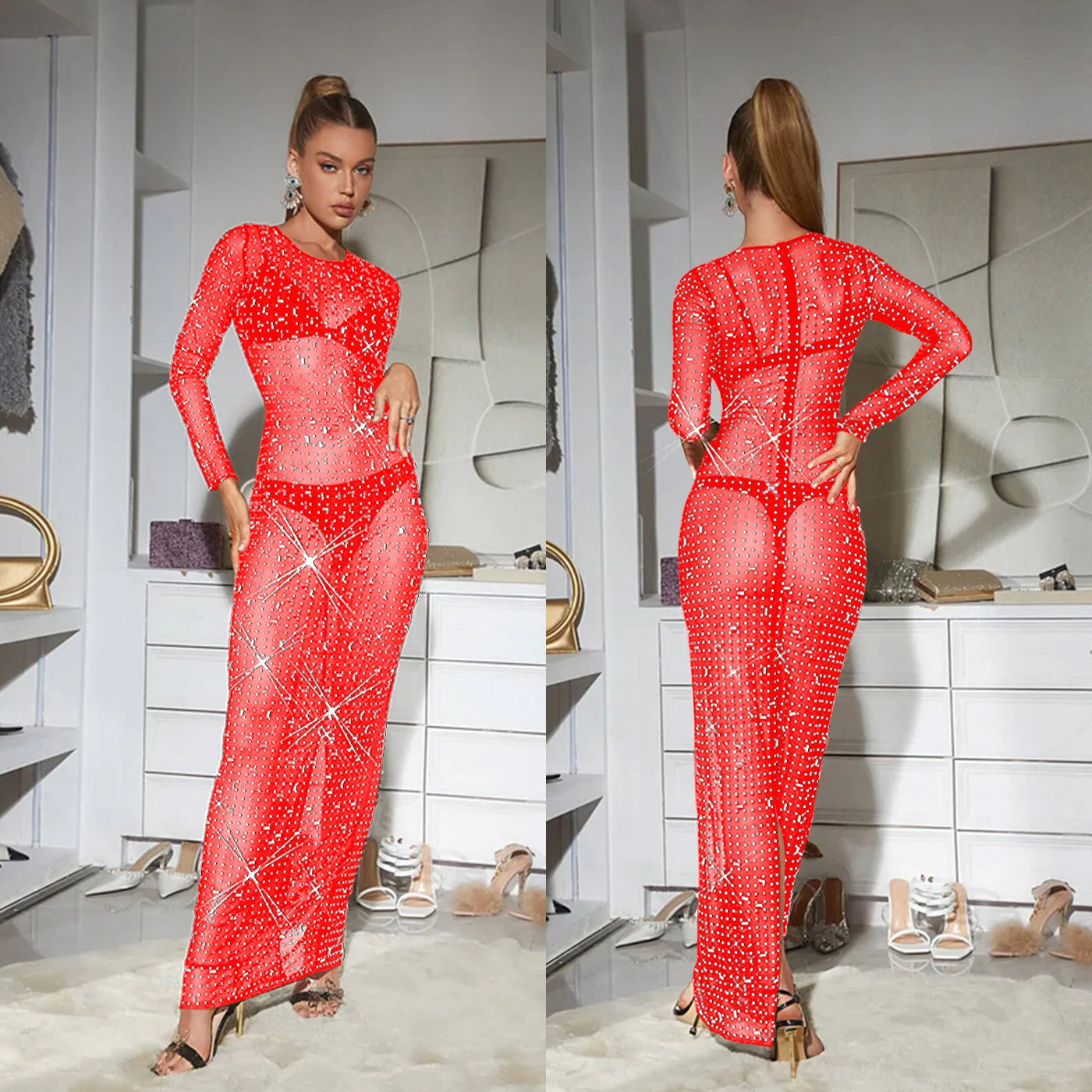 Solid Color Diamond Long Sleeve Dress