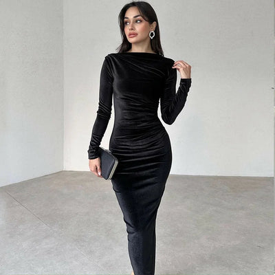 Solid Color Slim Pleated Round Neck Long Sleeve Dress
