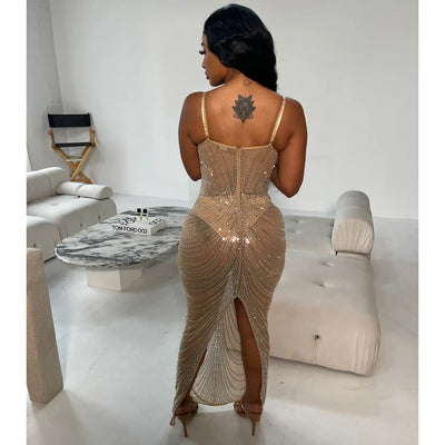 Mesh Hot Diamond Suspender Long Dress