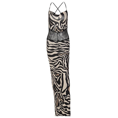 Fashion Print Patchwork Backless Suspender Slit Dress