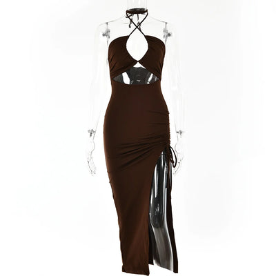High Split Wrinkle Neck Style Bust Dress