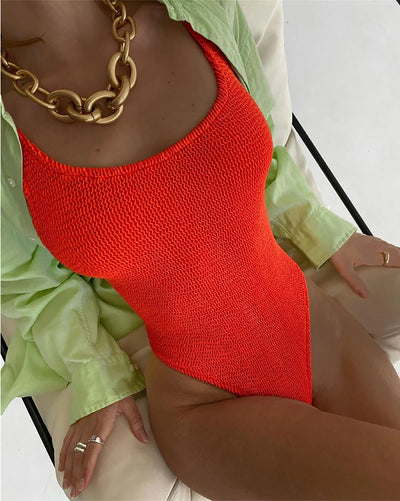 Wrinkled Wavy One Piece Swimsuit Fluorescent