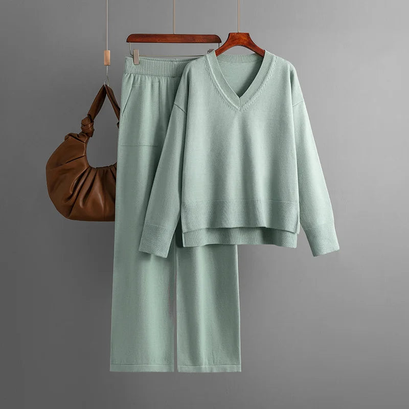 Two Piece Casual Sweater With Solid Color Pants