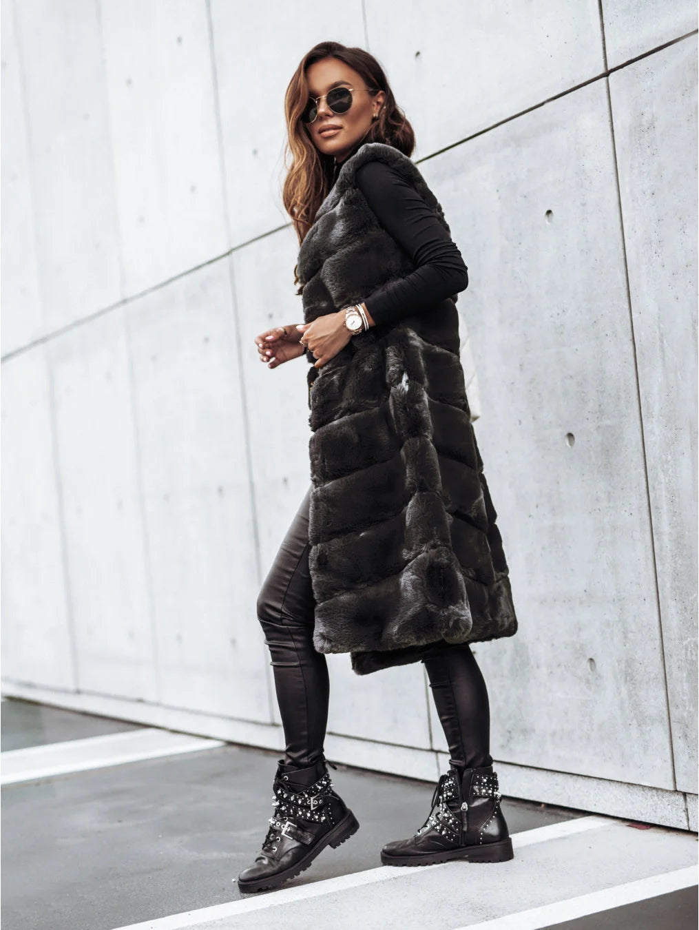 Women’s Winter Round Neck Fur Vest Long Vest Jacket