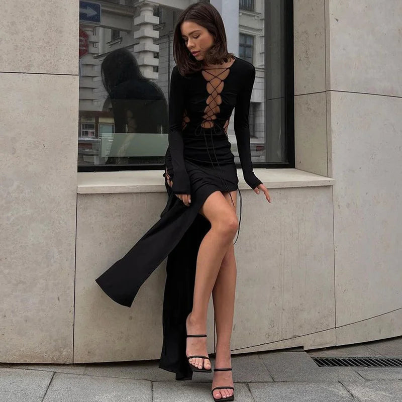 Sexy Cut Out Tie Slim Slit Long Sleeved Dress