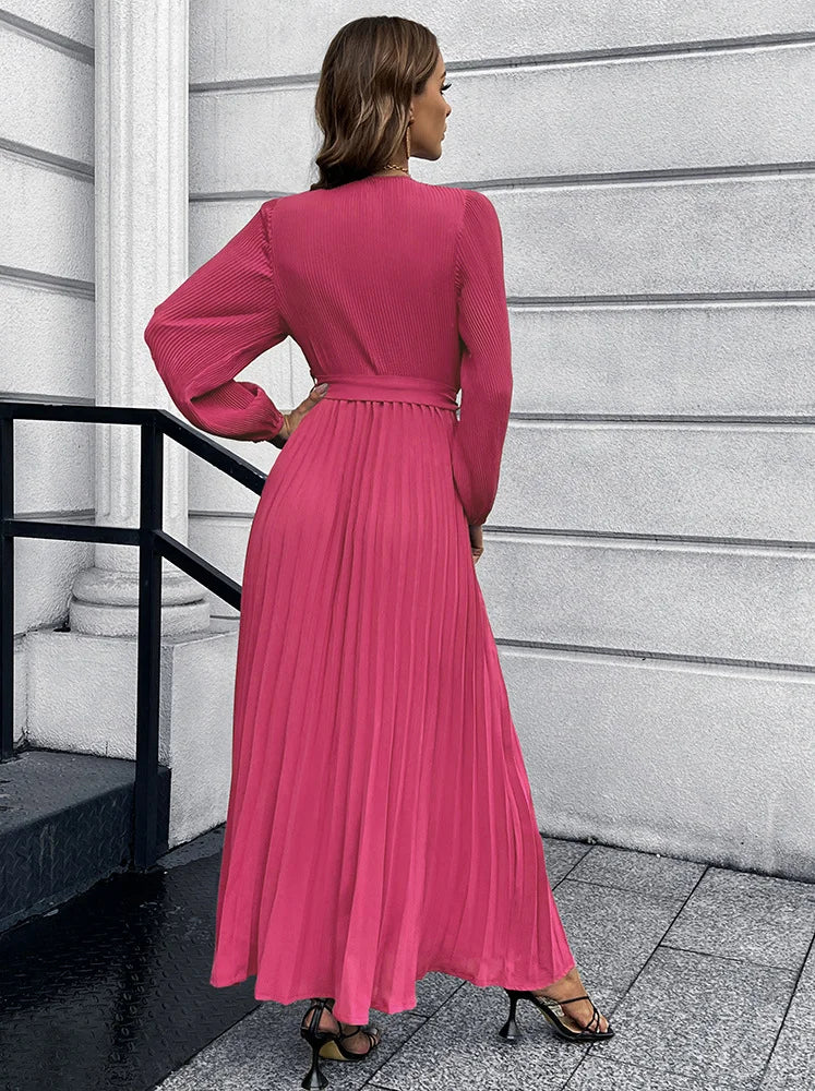 V Neck Long Sleeve Pleated Mid Length Dress