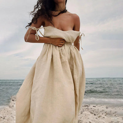 V-Neck Linen Slip Dress With Straps And Open Back