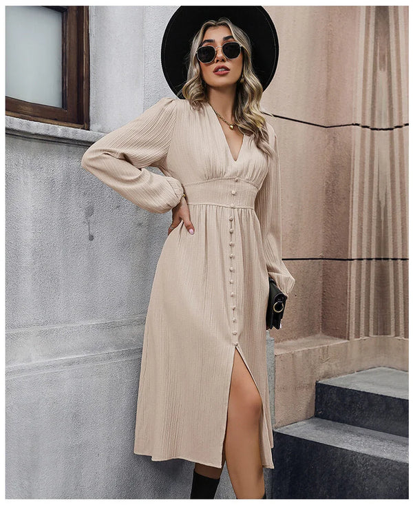 Solid Color Long Sleeve Slit Dress Spring Dress