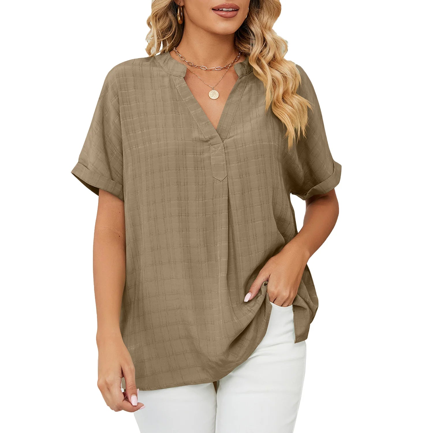 Cross Border New Thin V Neck Casual Sleeve Solid Color Blouse