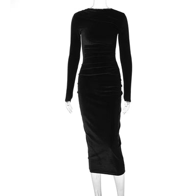 Solid Color Slim Pleated Round Neck Long Sleeve Dress