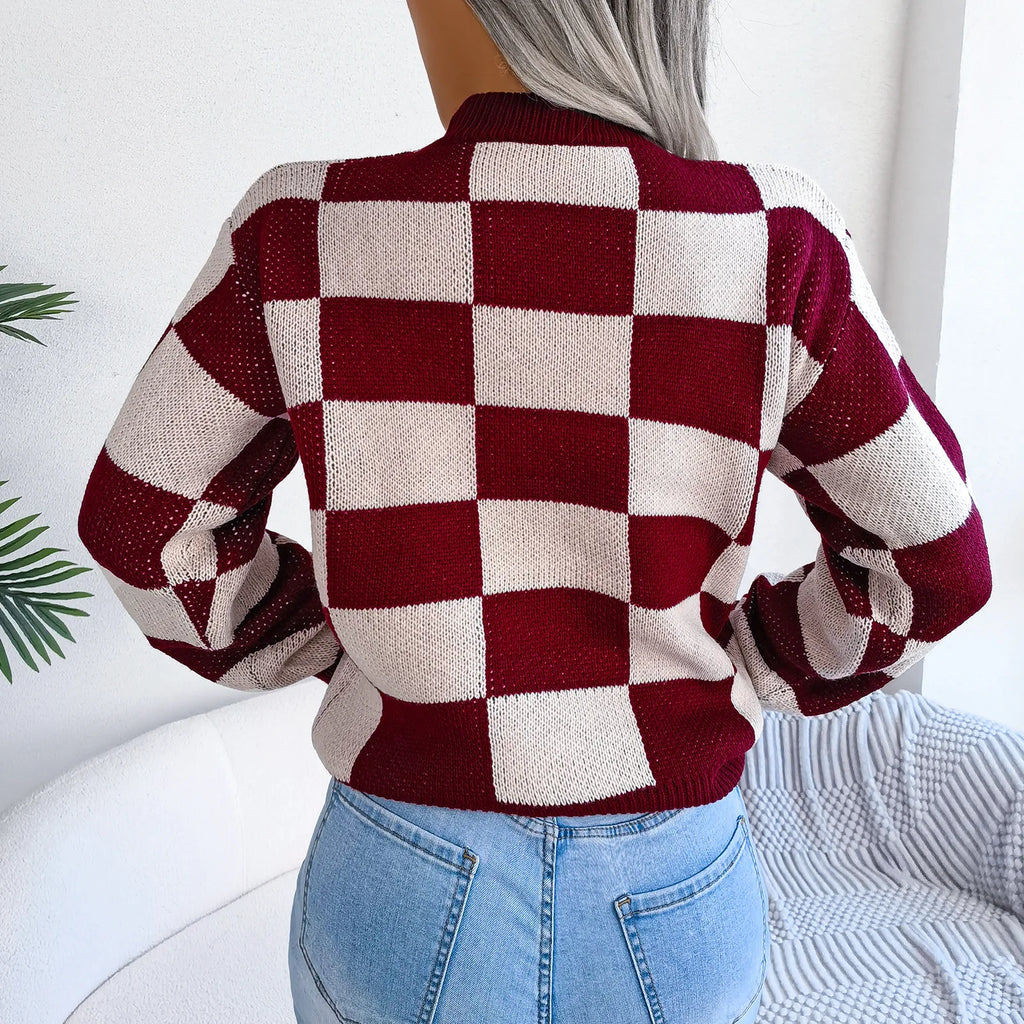 Streetwear Contrasting Plaid Long Sleeved Pullover Knit Sweater