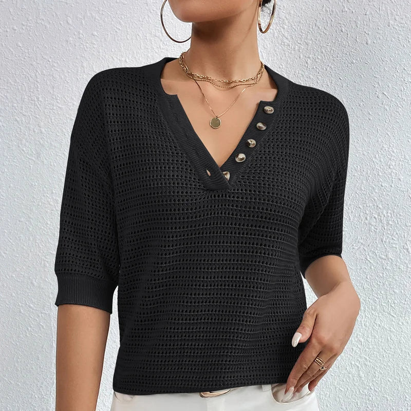 Short Sleeve V Neck Knitted Sweater