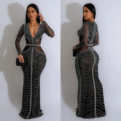 Solid Color Mesh Hot Diamond Long Dress