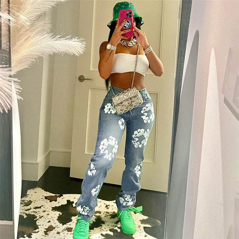 Daisy Print High Waist Straight Leg Skinny Jeans