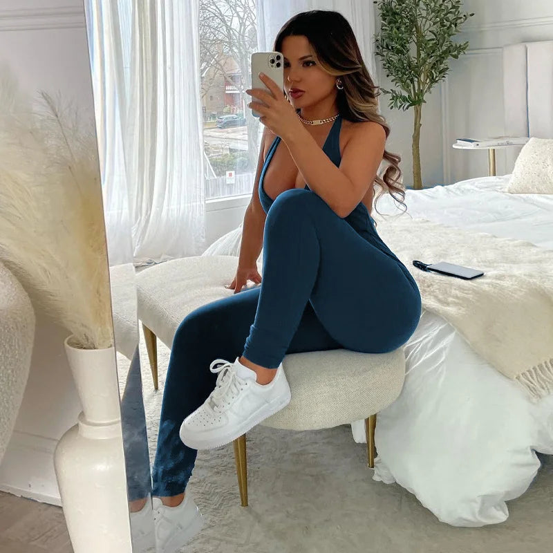 Folded Backless Sports Slim Fit Jumpsuit For Women