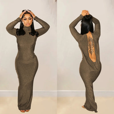 Sexy Long Sleeved Backless Long Dress