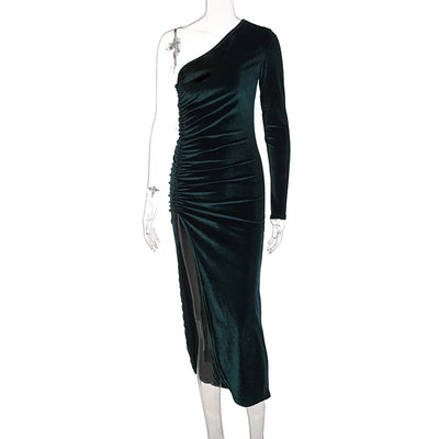 Fashion Slanted Shoulder Long Sleeve Slim Crepe Slit Dress