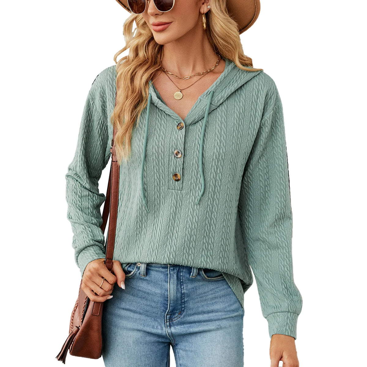 Pure Color Hooded Button Loose Long Sleeved Sweater Ladies