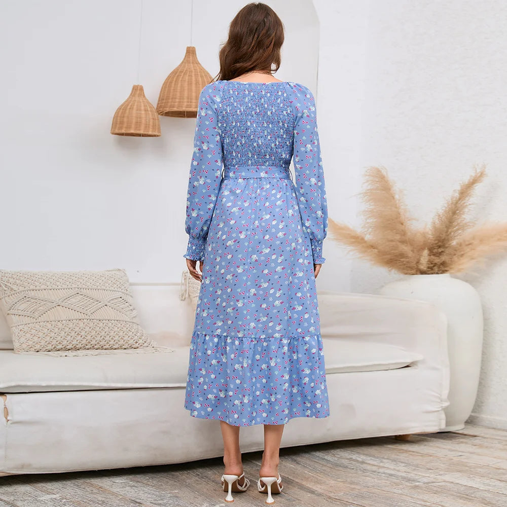 Long Sleeved V Veck Floral Dress