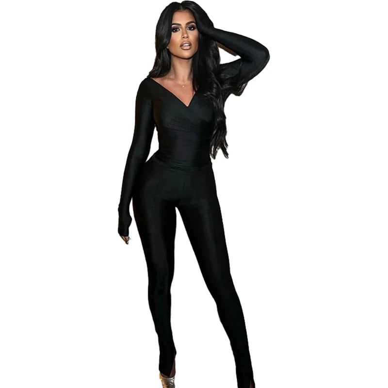 Sexy Off The Shoulder V Neck High Waisted Tight Pants Casual Sports Suit