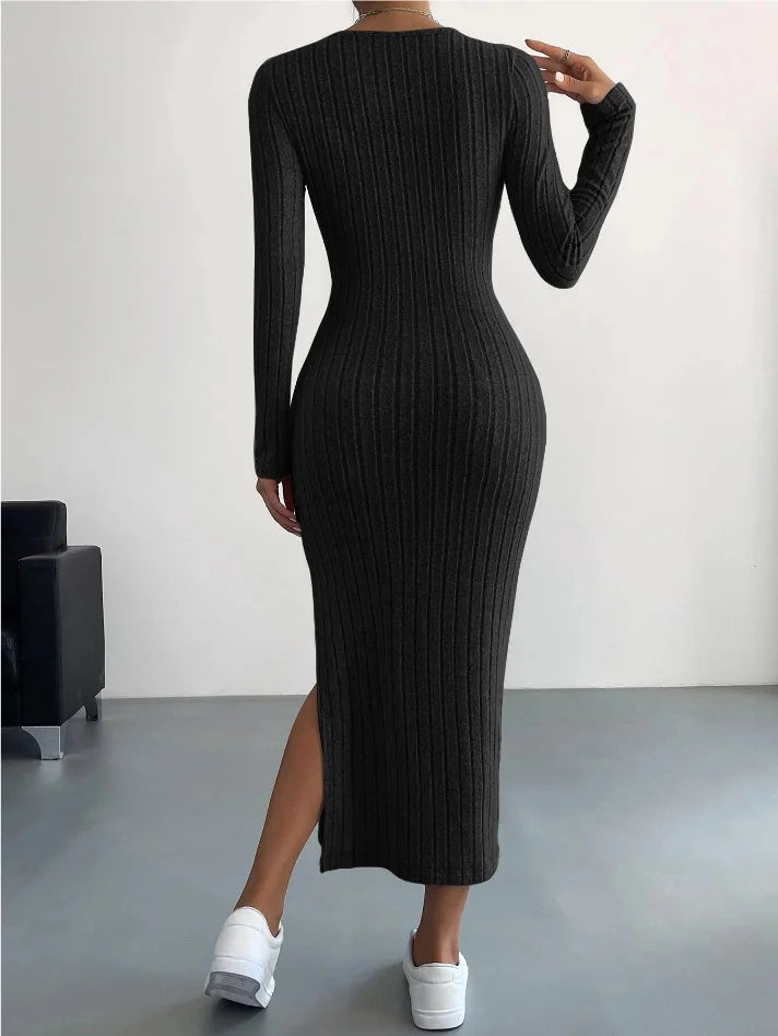 Long Sleeve Round Neck Slit Knitted Maxi Dress