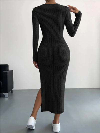 Long Sleeve Round Neck Slit Knitted Maxi Dress