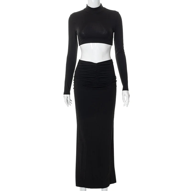Long Sleeve High Neck Top Pleated Long Skirt Set