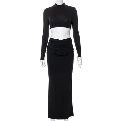 Long Sleeve High Neck Top Pleated Long Skirt Set