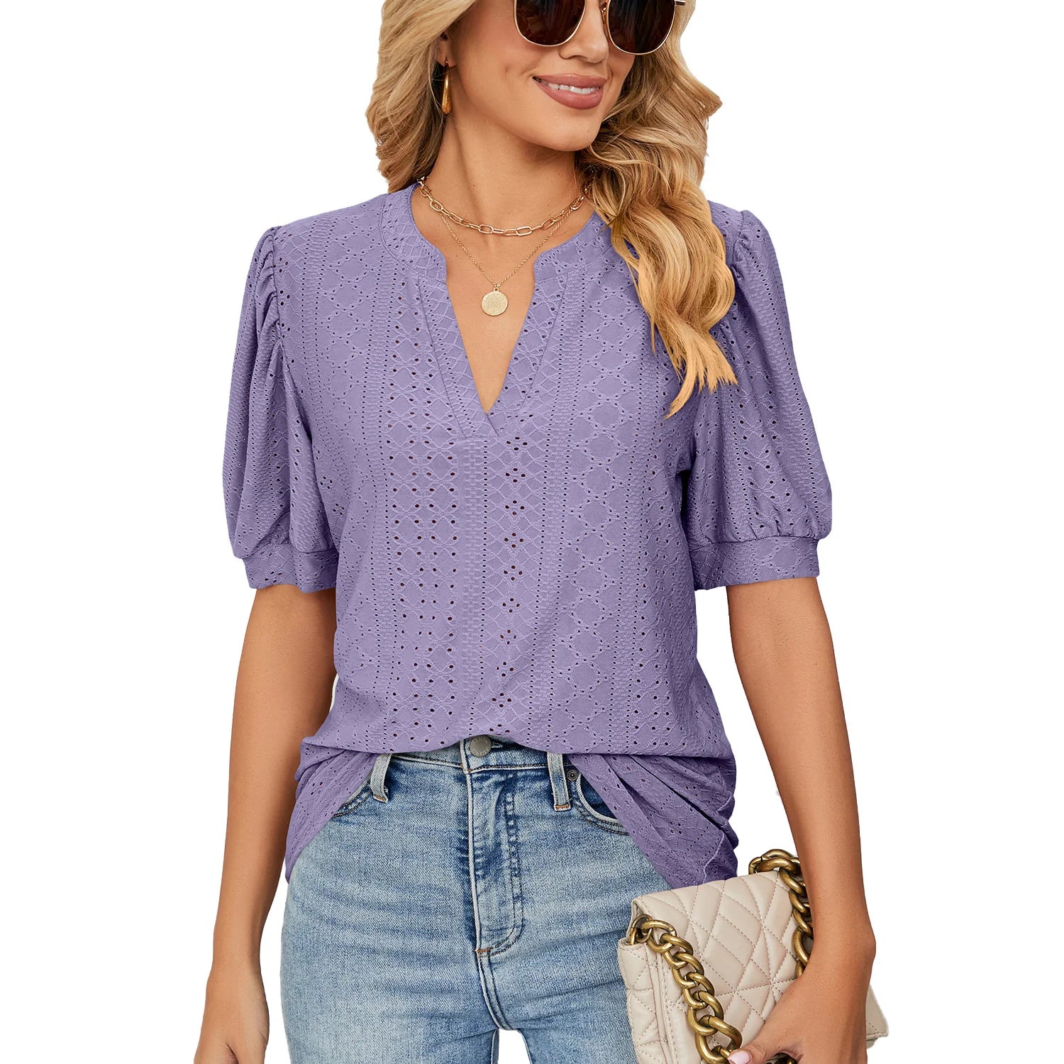 V Neck Solid Color Hollow Bubble Sleeve Loose T-Shirt Blouse