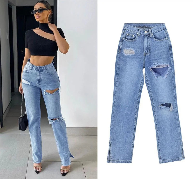 Hipster Straight Leg Jean Pants with Slit