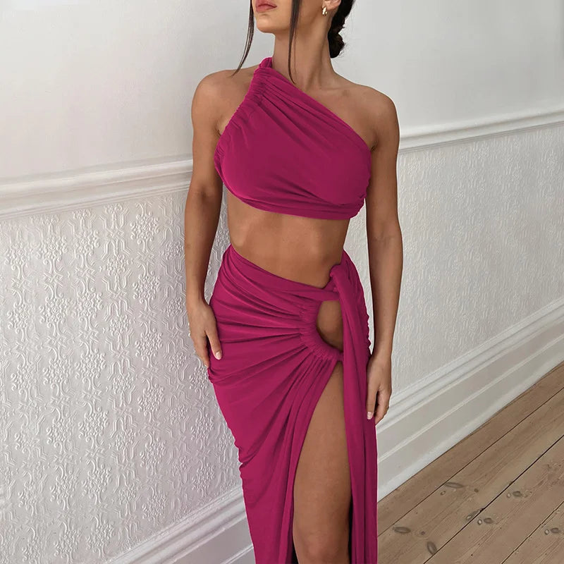 Open Back Bandeau Top Slim Slit Skirt Set