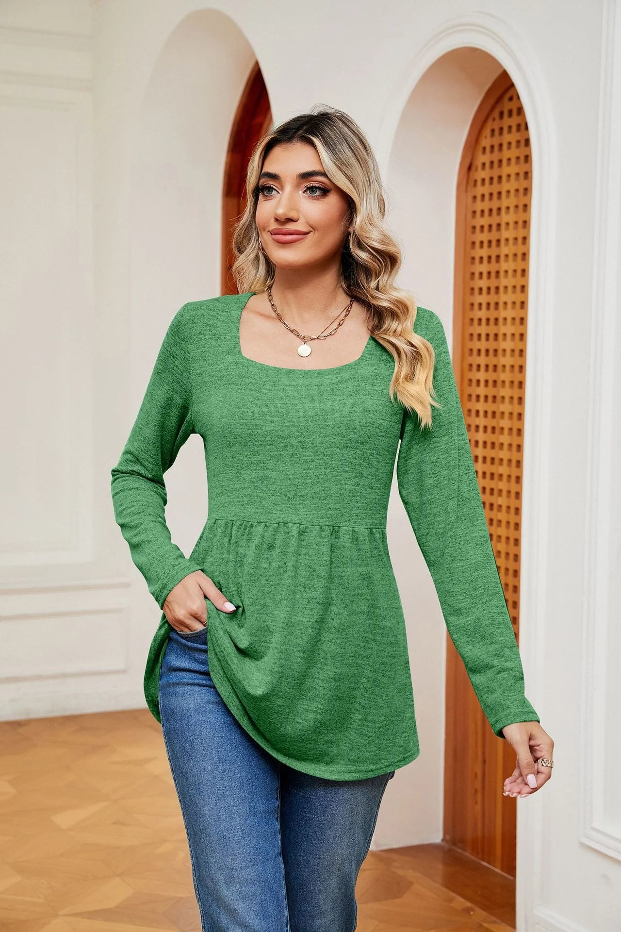 Square Neck Long Sleeve Blouse