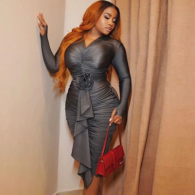 Long Sleeve V Neck Skirt Rose Design Sensual Sexy Hip Dress