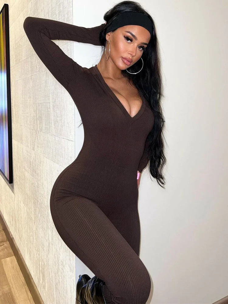 Versatility Women’s Small Pit Strip V-Neck Long Sleeved Jumpsuit High Waisted Skinny Hip Hugging Jumpsuit