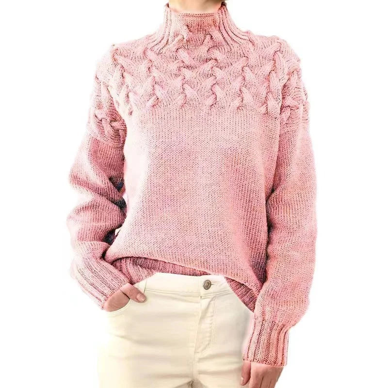 Casual Long Sleeved High Necked Solid Color Sweater