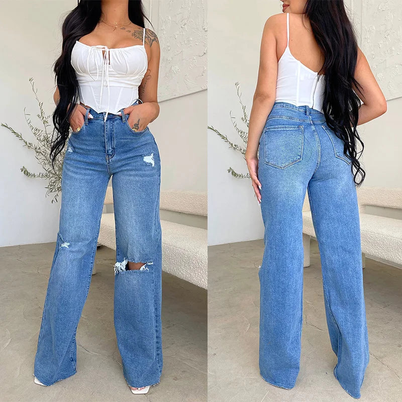 Ladies Jeans Long High Waist Holes