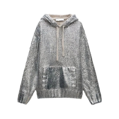 Silver Metallic Ribbed Hooded Long Sleeved Drawstring Pullover Sweater