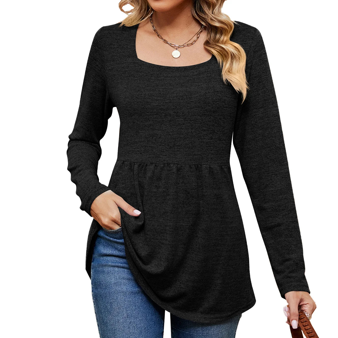 Square Neck Long Sleeve Blouse