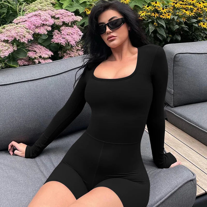 Long Sleeved U Neck Hollow High Waisted Hip Lifting Exercise Yoga Jumpsuit