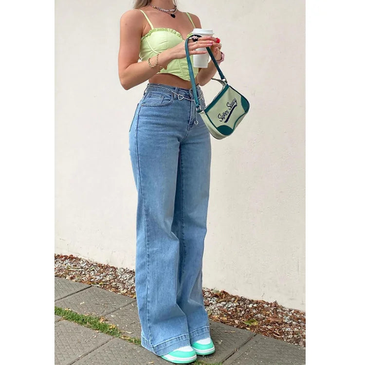 Middle Waist Blue Jeans Temperament Commuter Micro-Pull Pants Dark Female