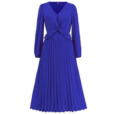 Long Sleeved V Necked Slim Pleated Dress