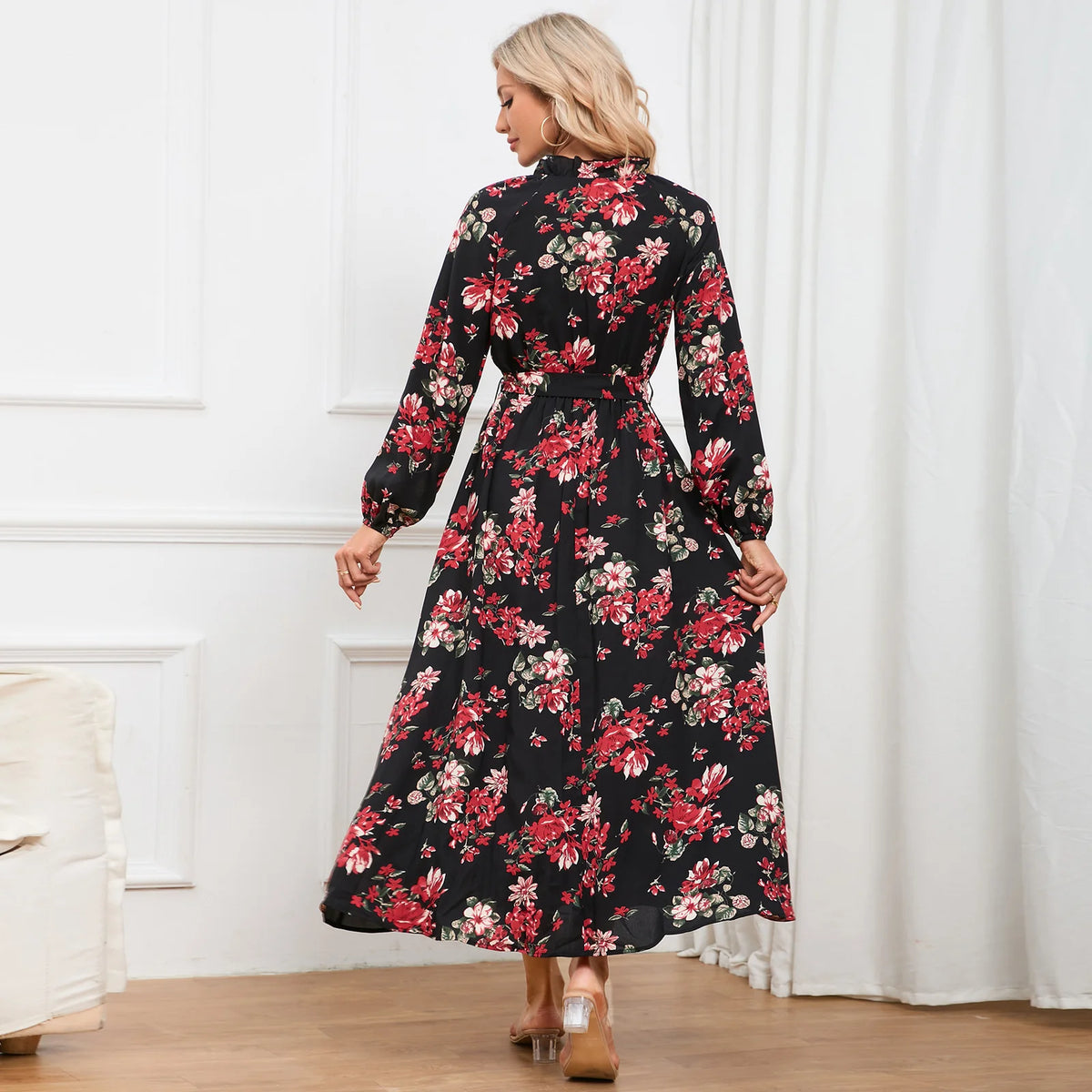 Sleeve Stand Collar Lace Floral Dress