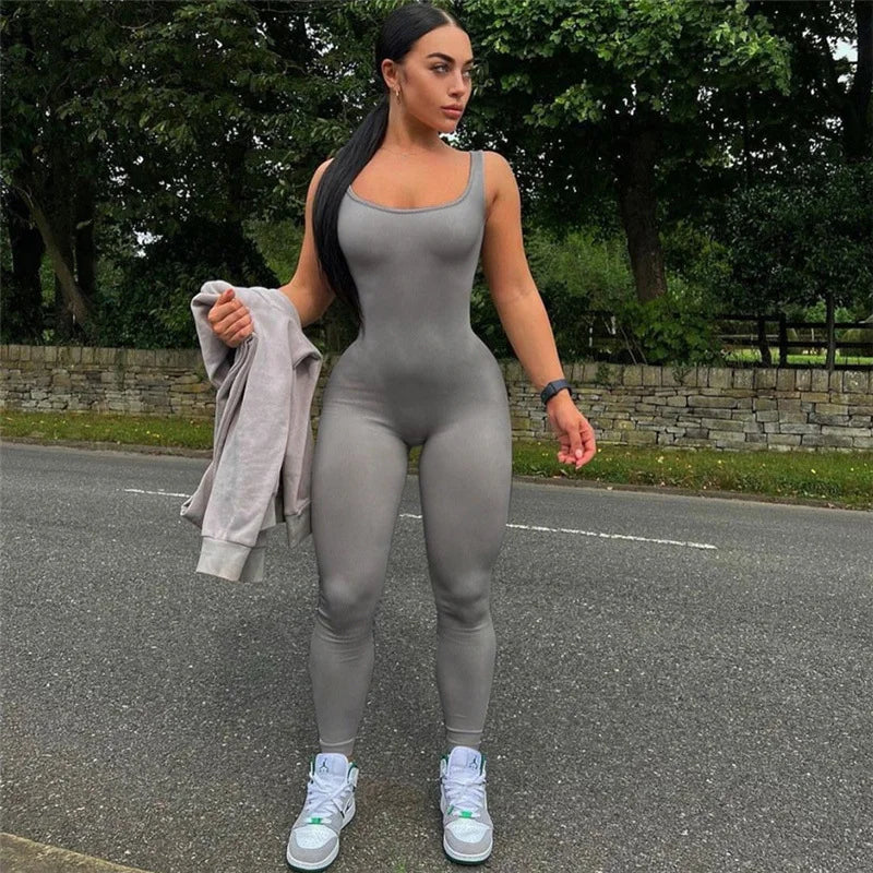 New Style Sleeveless Low Collar Slim High Waist Sports One Piece Trousers