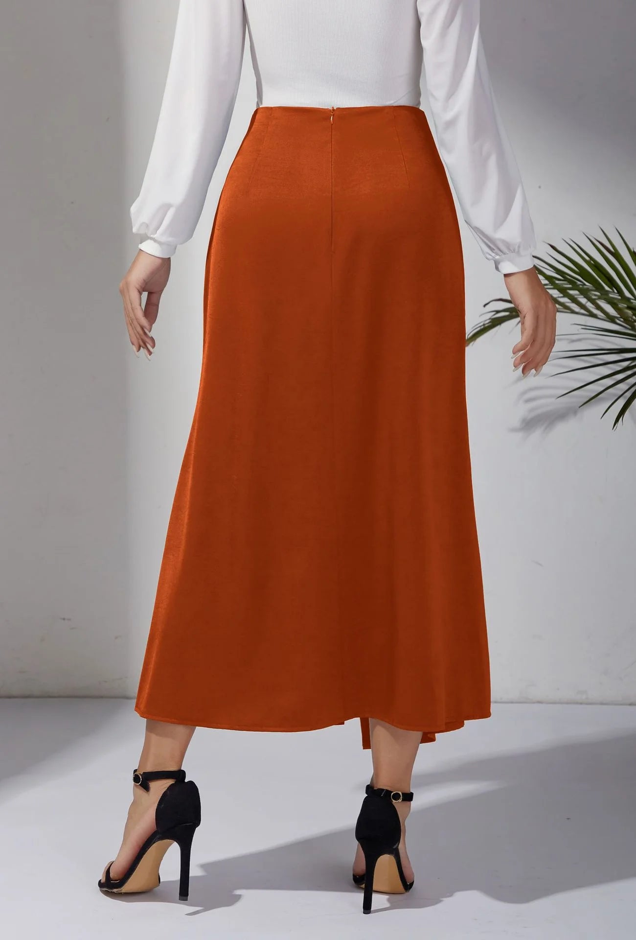 High Waisted Satin Pile Pleated Slit Long Skirt Solid Color Skirt Zipper Fishtail Hip Skirt